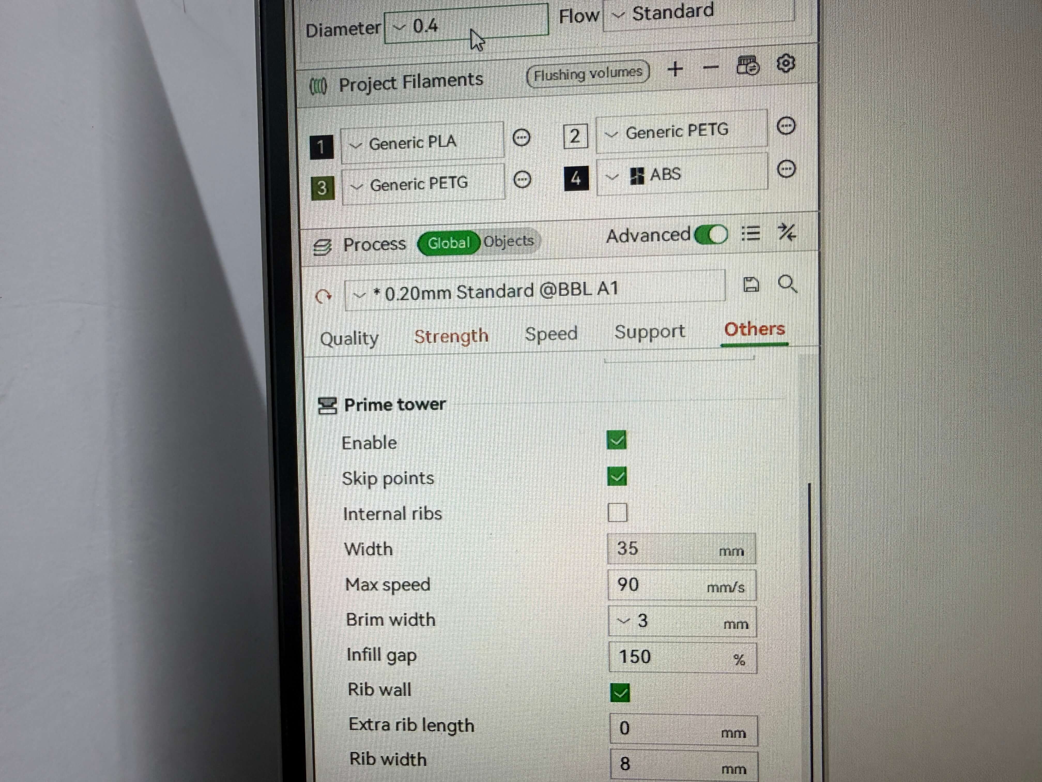 Select filament and settings